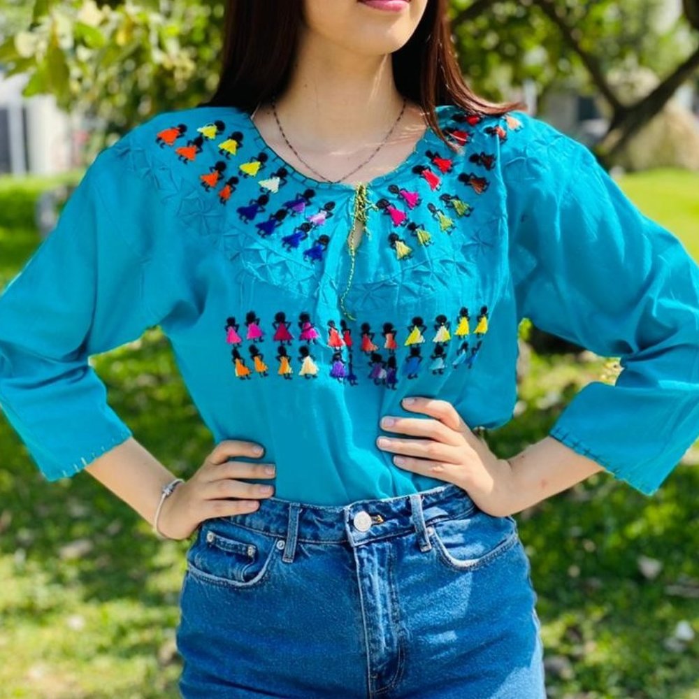 Muñequitas Embroidered Blouse (3/4 Sleeve) - Medium/One Size - (Blue)